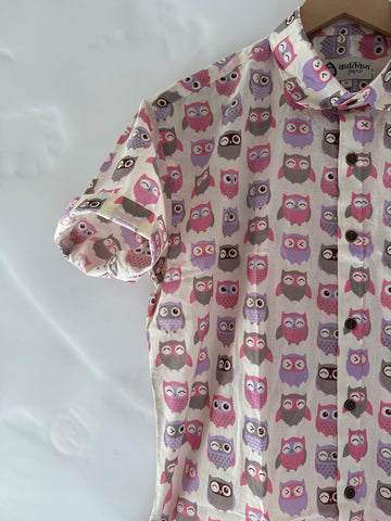 Cute Pink Owl Print Cotton Half Sleeve Men Shirt