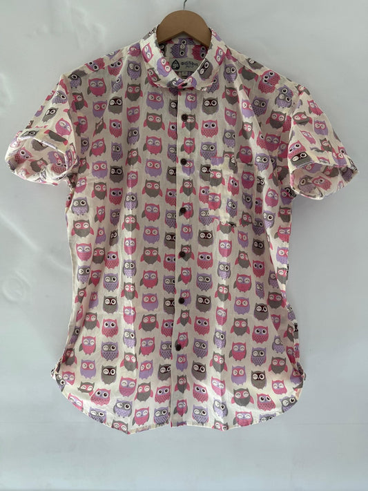 Cute Pink Owl Print Cotton Half Sleeve Men Shirt