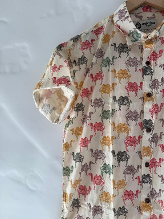 Traditional Camel Print Cotton Shirt for Men