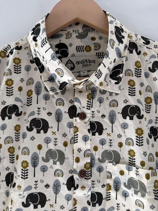 Cute Elephant Print Cotton Short Sleeve Shirt for Men