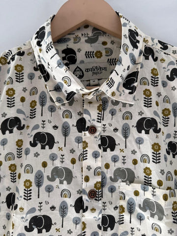 Cute Elephant Print Cotton Short Sleeve Shirt for Men