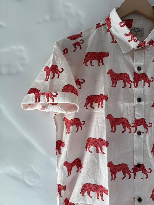 Leopard Print Cotton Short Sleeve Shirt for Men