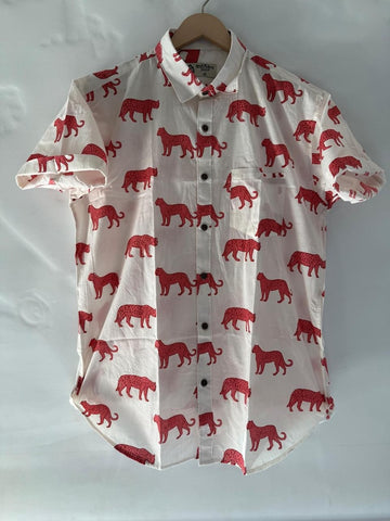 Leopard Print Cotton Short Sleeve Shirt for Men