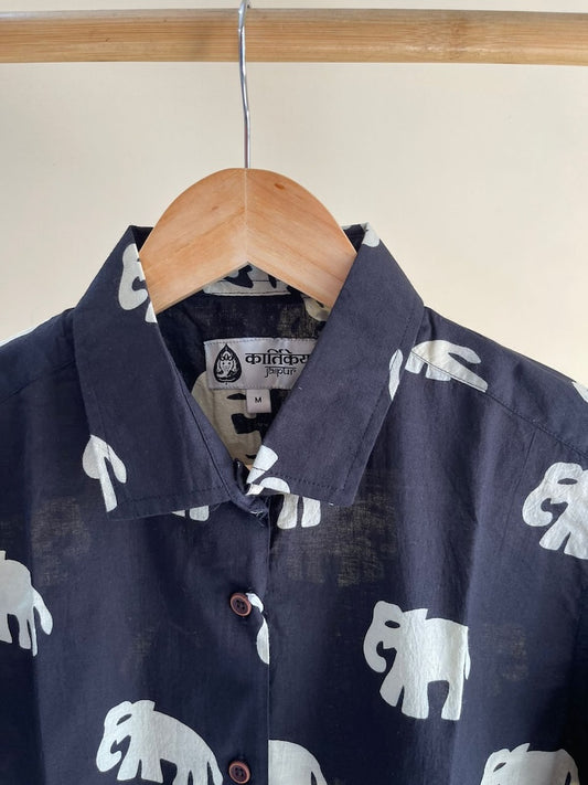 Classic Bold Elephant Print Half Sleeve Shirt for Women - Black