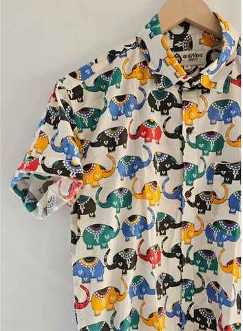 Classic Elephant Print Cotton Half Sleeves Shirt for Men