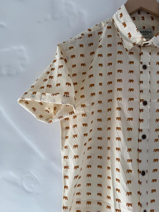 Cotton Half Sleeve Mini Elephant Print Shirt for Men - Yellow