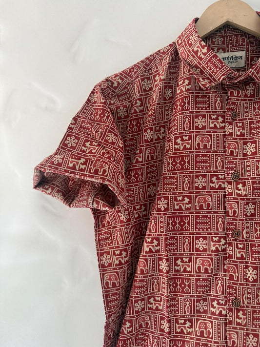 Red Tribal Print Cotton Classic Shirt for Men
