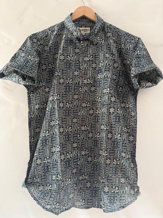 Blue Tribal Print Cotton Classic Shirt for Men
