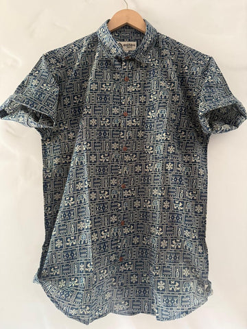 Blue Tribal Print Cotton Classic Shirt for Men