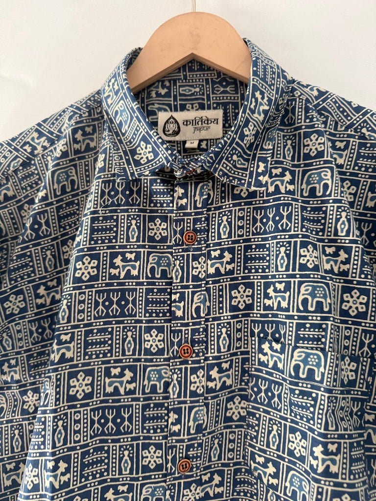 Blue Tribal Print Cotton Classic Shirt for Men