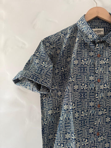 Blue Tribal Print Cotton Classic Shirt for Men