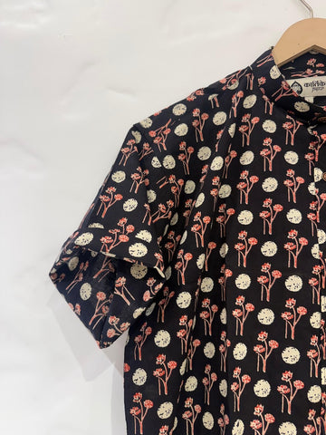 Polka Mandarin Collar Floral Cotton Shirt for Men