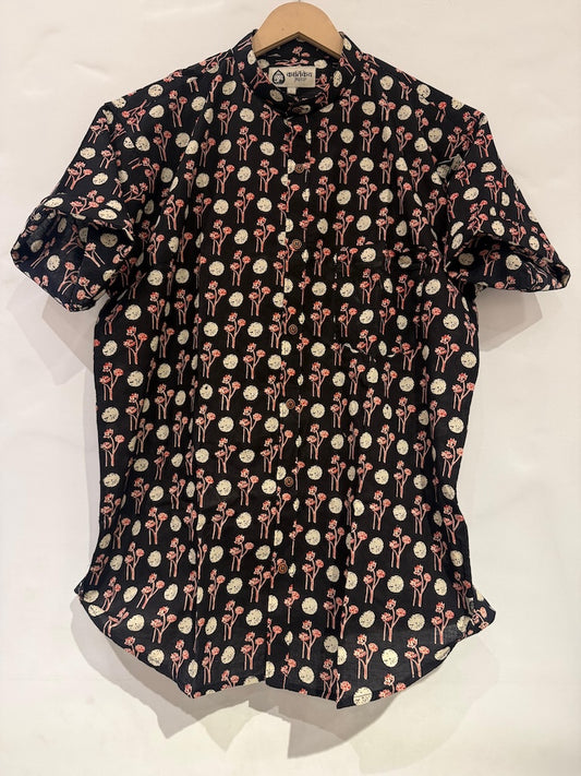 Polka Mandarin Collar Floral Cotton Shirt for Men