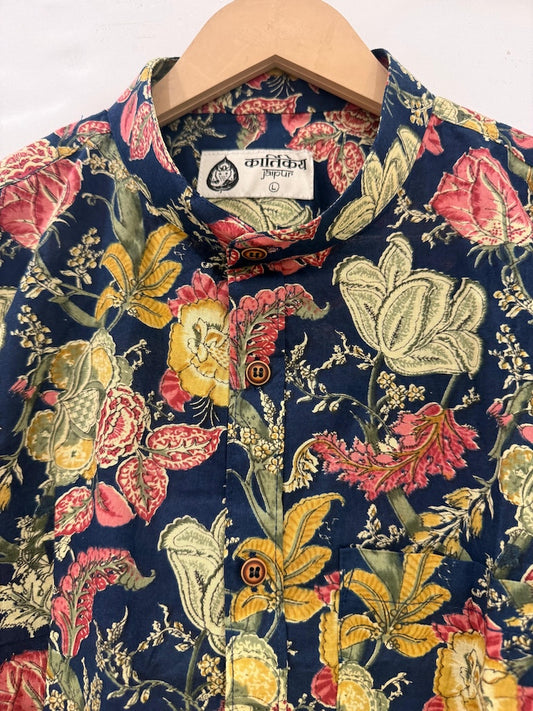 Mandarin Collar Floral Cotton Shirt for Men - Goa Edit