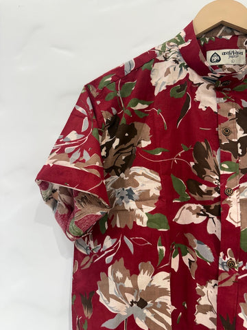 Classic Red Mandarin Collar Floral Cotton Shirt for Men - Goa Edit