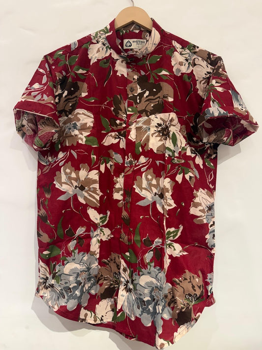 Classic Red Mandarin Collar Floral Cotton Shirt for Men - Goa Edit