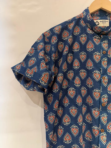 Traditional Mandarin Collar Floral Cotton Shirt for Men