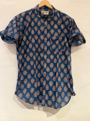 Traditional Mandarin Collar Floral Cotton Shirt for Men