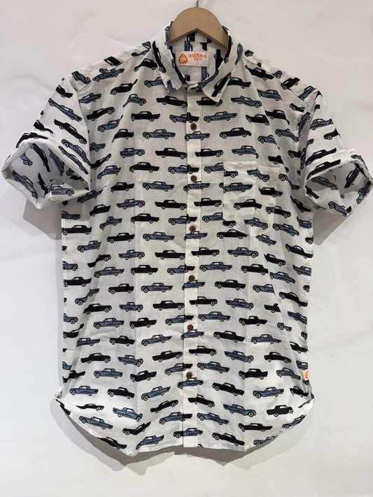 Handcrafted Car Print Vintage Cotton Shirt for Men