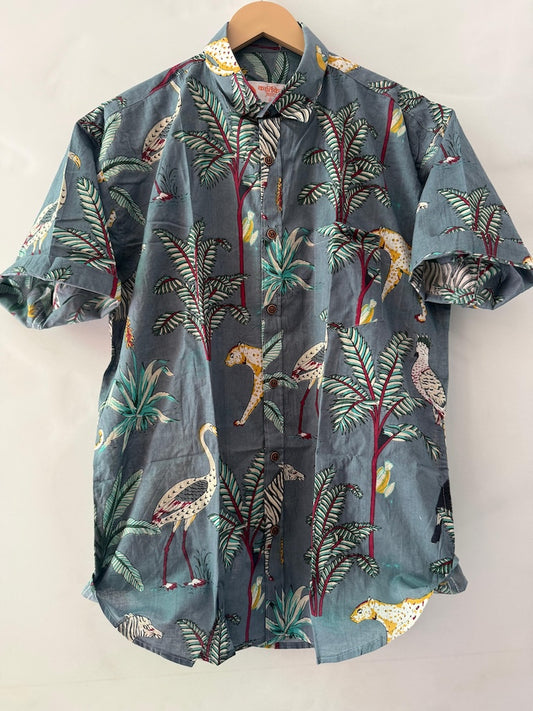 Grey Jungle Print Cotton Shirts For Men