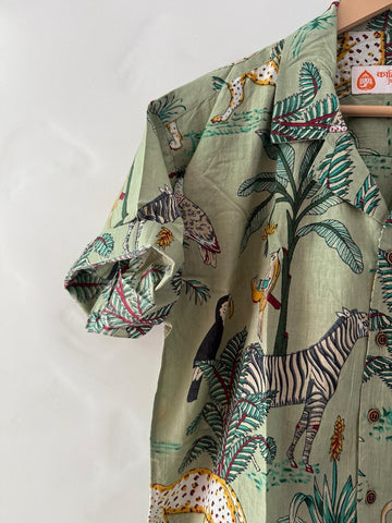 Jungle Print Cuban Collar Shirt for Men - Green