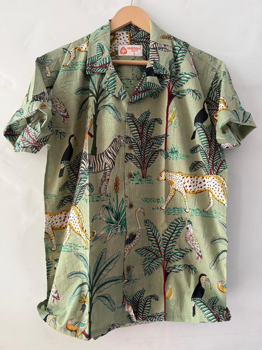 Jungle Print Cuban Collar Shirt for Men - Green