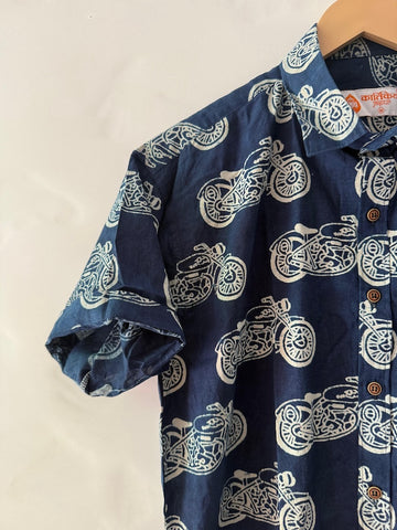 Indigo Block Print Cotton Shirt For Men - Vintage Bike