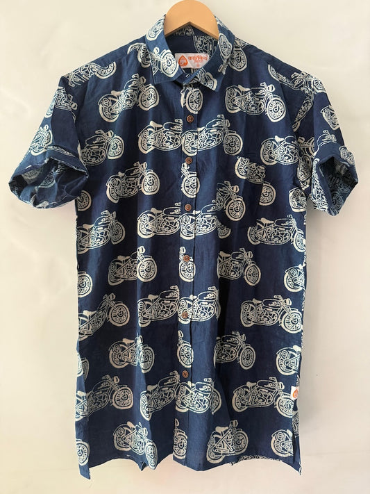 Indigo Block Print Cotton Shirt For Men - Vintage Bike