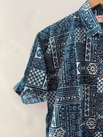 Indigo Block Print Cotton Shirt For Men