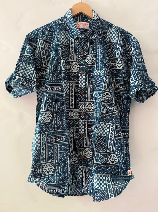 Indigo Block Print Cotton Shirt For Men