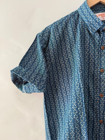 Indigo Block Print Cotton Shirt For Men
