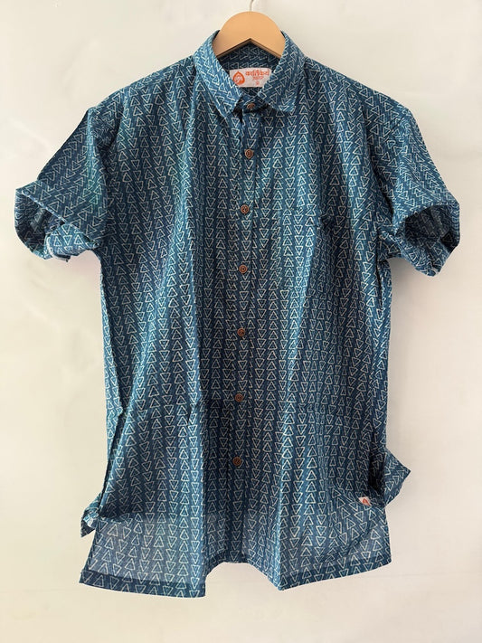 Indigo Block Print Cotton Shirt For Men