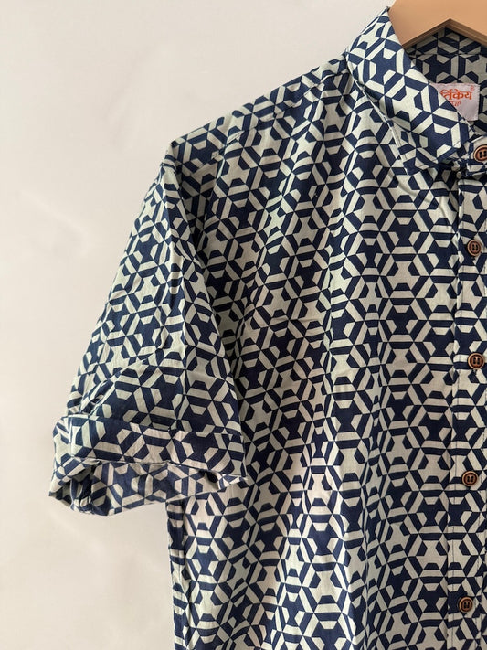 Indigo Block Print Cotton Shirt For Men