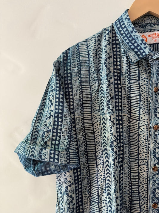 Indigo Block Print Cotton Shirt For Men