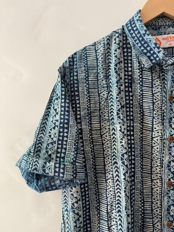Indigo Block Print Cotton Shirt For Men