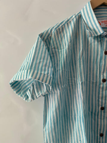 Blue Stripes Block Print Cotton Shirts For Men