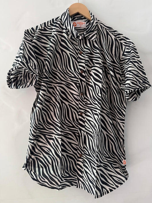 Black Zebra Print Cotton Shirts For Men