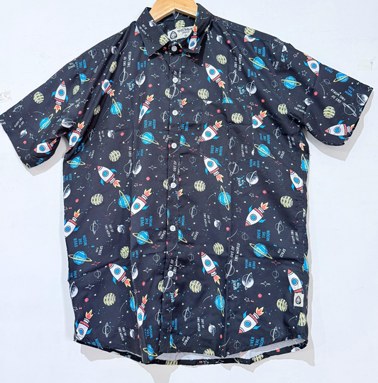 Space Print Cotton Blend Casual Shirt For Men - Black