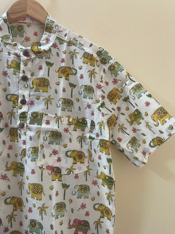 Cute Elephant Print Half Sleeve Cotton Short Kurta for Men