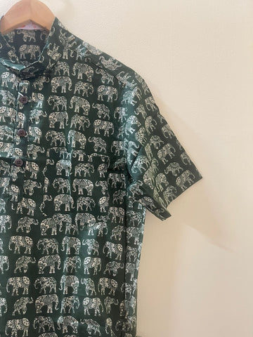 Elephant Print Half Sleeve Cotton Short Kurta for Men - Green