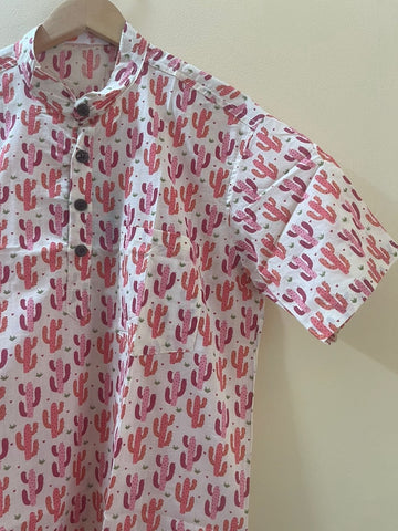 Cactus  Print Half Sleeve Cotton Short Kurta for Men