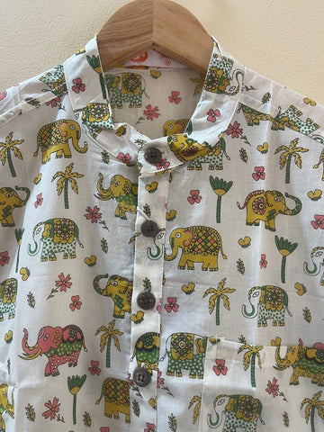 Cute Elephant Print Half Sleeve Cotton Short Kurta for Men