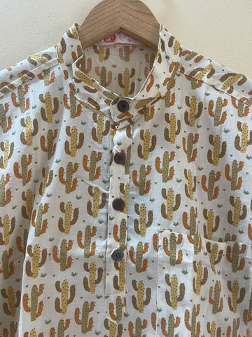 Cactus Print Half Sleeve Cotton Short Kurta for Men