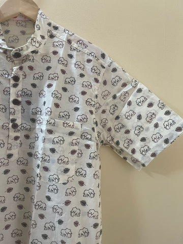 Small Elephant Print Half Sleeve Cotton Short Kurta for Men - Brown