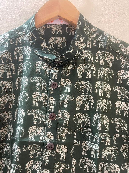 Elephant Print Half Sleeve Cotton Short Kurta for Men - Green