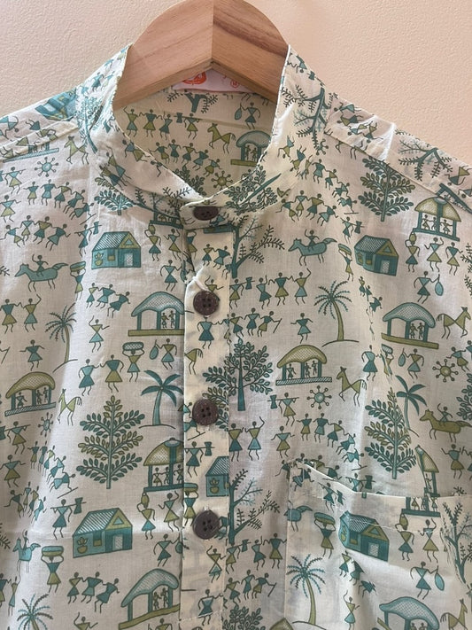Tribal Print Half Sleeve Cotton Short Kurta for Men