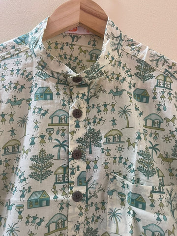 Tribal Print Half Sleeve Cotton Short Kurta for Men