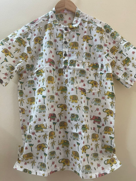 Cute Elephant Print Half Sleeve Cotton Short Kurta for Men