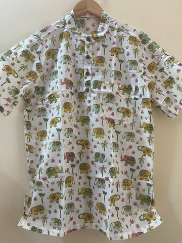 Cute Elephant Print Half Sleeve Cotton Short Kurta for Men