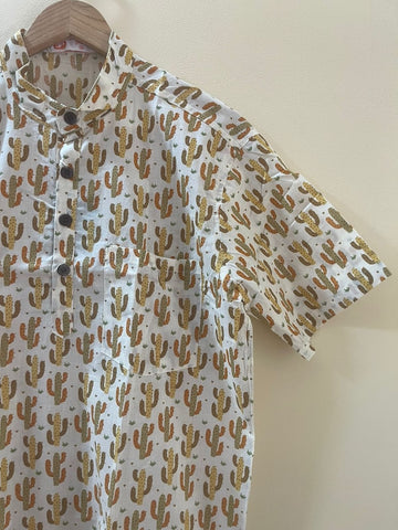 Cactus Print Half Sleeve Cotton Short Kurta for Men